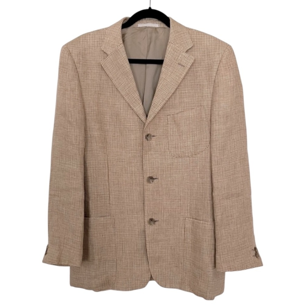 Ermenegildo Zegna Men’s Italian Linen Tan Beige Houndstooth Blazer Jacket 48